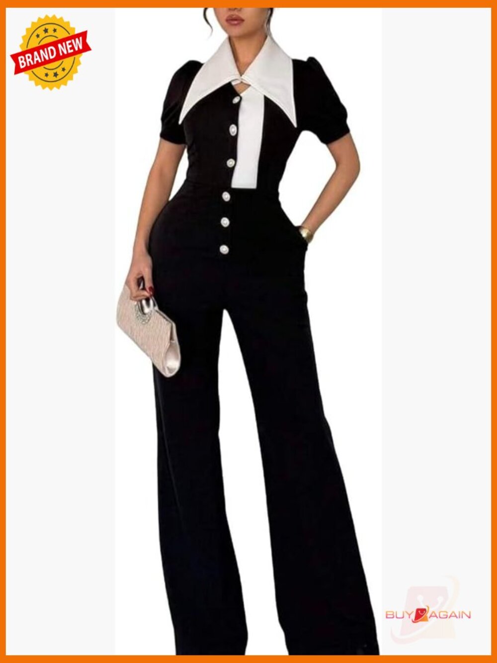 Wide Leg Jumpsuit with Zipper Closure Short Sleeve Stretchable Polyester